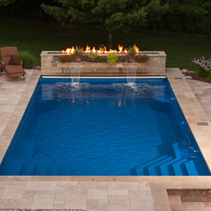 fiberglass swimming pool with fire feature in Rockford IL