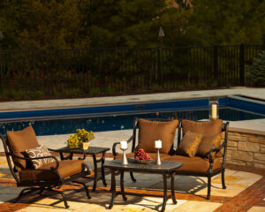 backyard outdoor living with a fiberglass swimming pool in Algonquin IL